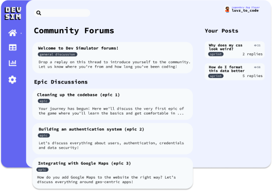 a view of the Dev Simulator community forums